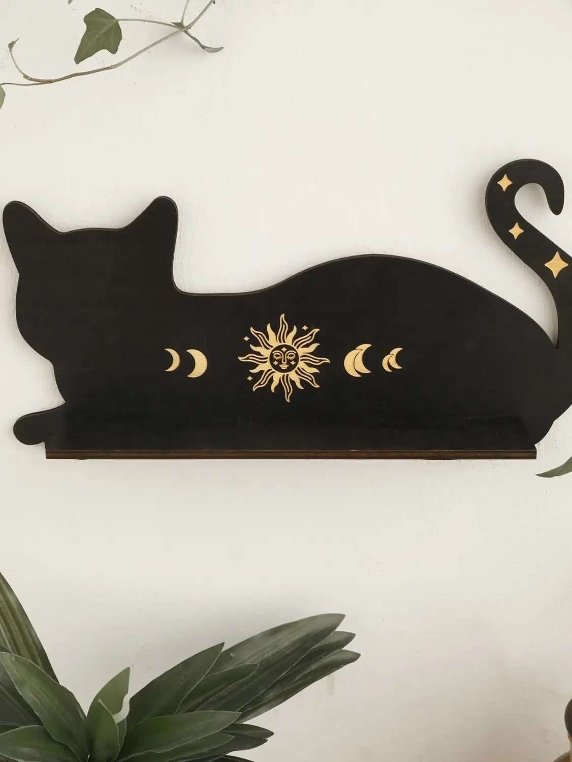 DecorBites™ Moon Phase Black Cat Wooden Shelf