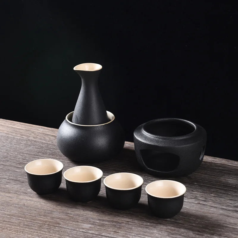 DecorBites™ Ceramic Sake Set: Sake Bottle, Warmer, & 4 Cups