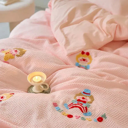 Decobites Pink Waffle Cotton Duvet Set with Sheet, Pillow, and Throw - High-End Embroidered Bedding