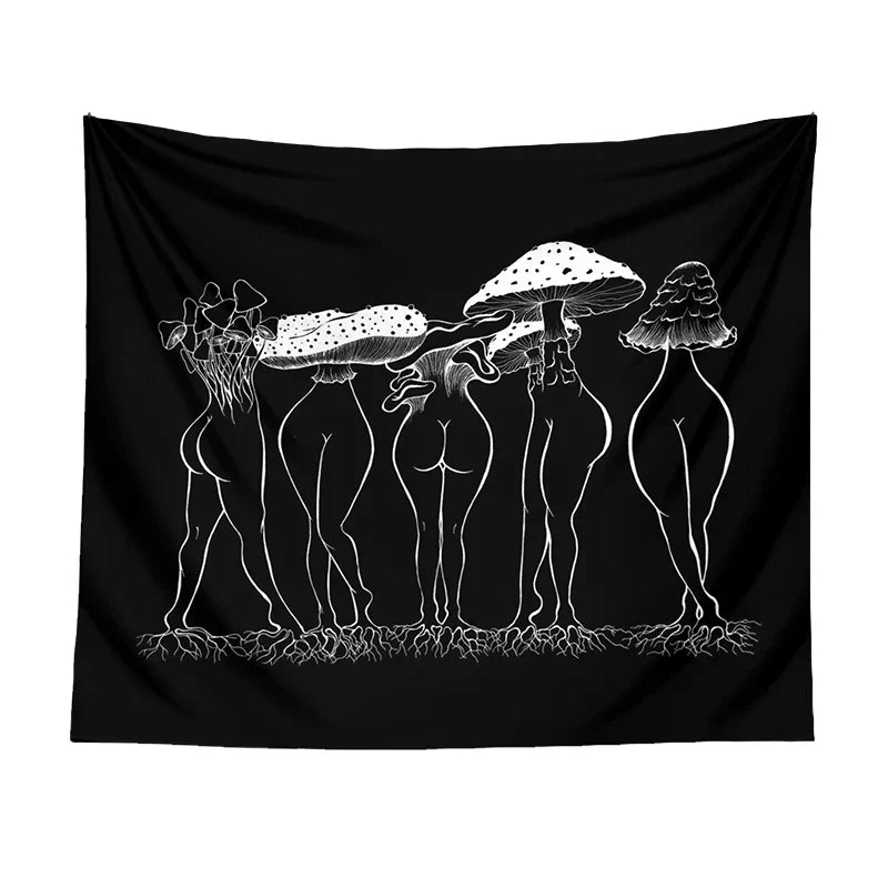 Decobites Mushroom Woman Tapestry Wall Hanging Black White Boho Decor Bedroom Aesthetic