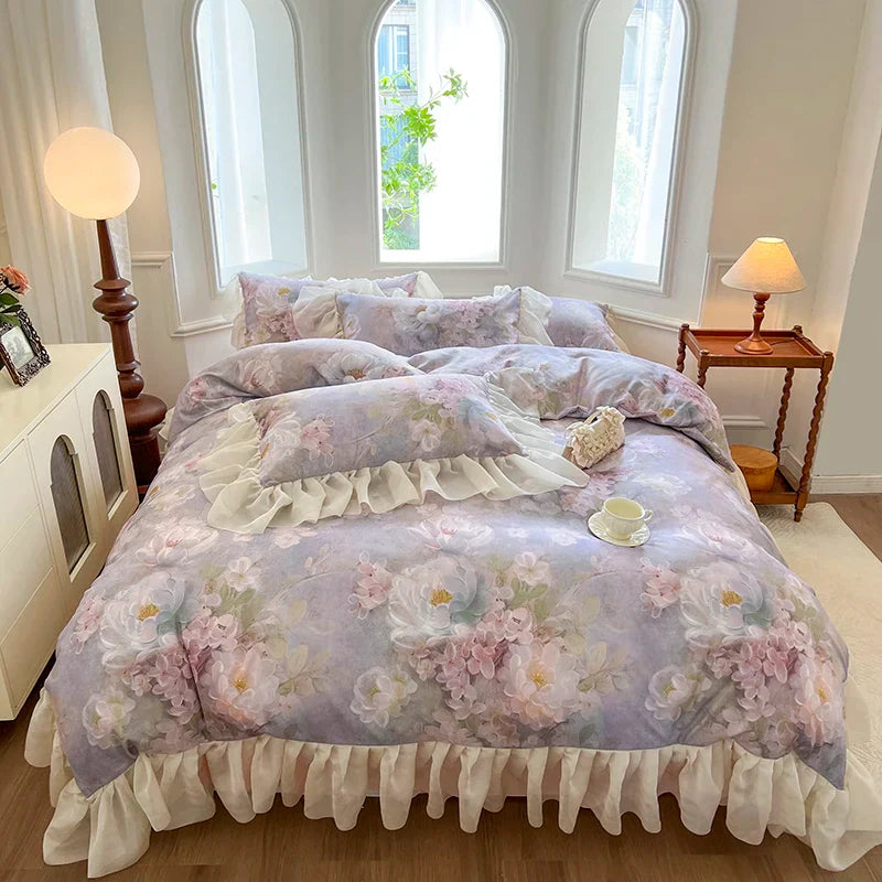 Decobites French Vintage Lace Princess Bedding Set with Floral Print Quilt Cover