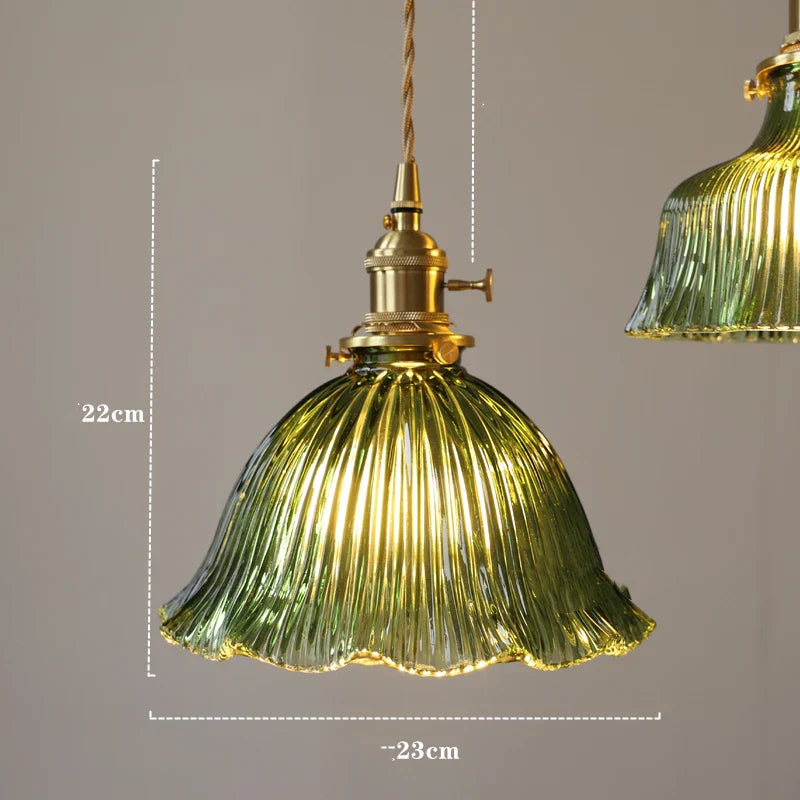 Green Glass Pendant Light Polished Copper 3-Head