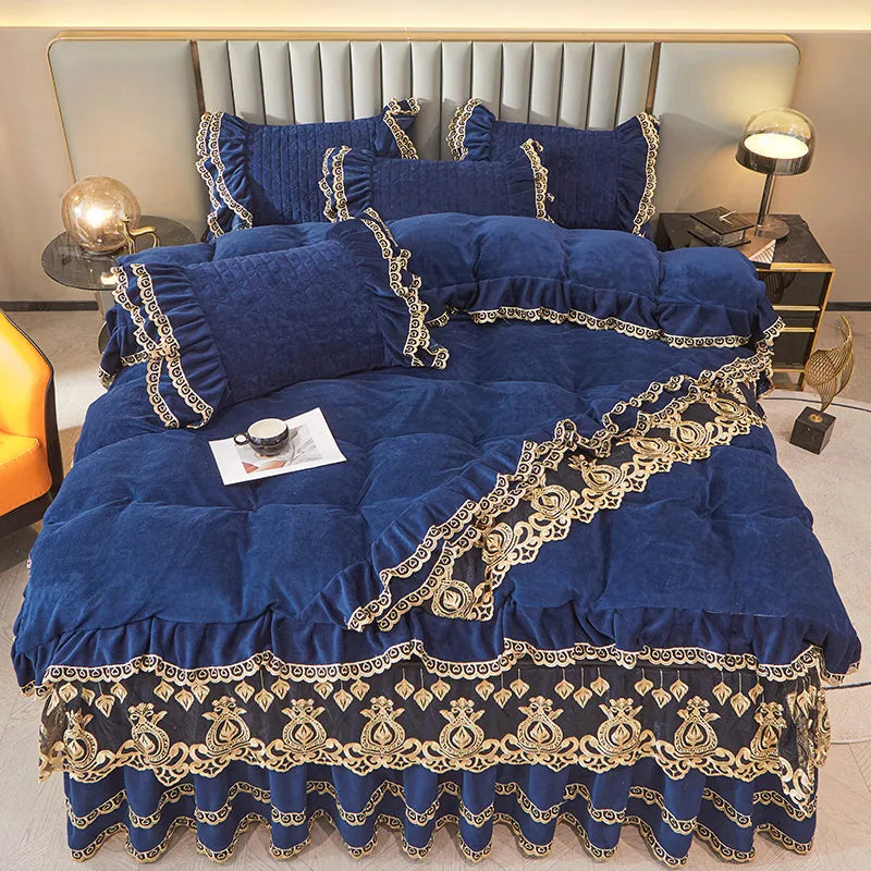 Decobites Velvet Bedding Set with Gold Lace Ruffles, Removable Bed Skirt & Pillowcase