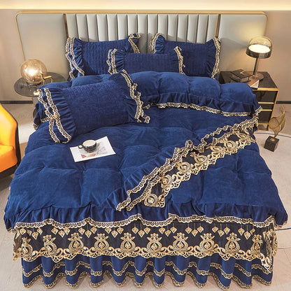 Decobites Velvet Bedding Set with Gold Lace Ruffles, Removable Bed Skirt & Pillowcase