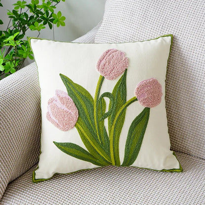 DecorBites™ Boho Floral Embroidered Canvas Cushion Cover 45*45cm for Living Room