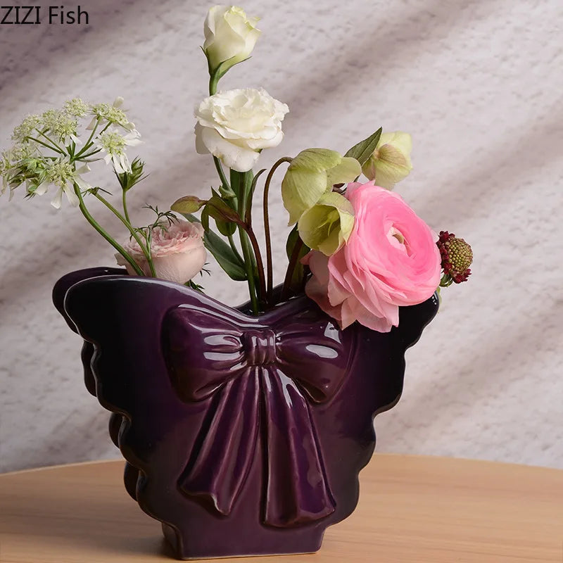 DecorBites™ Dark Butterfly Ceramic Vase for Table Decoration and Floral Arrangement