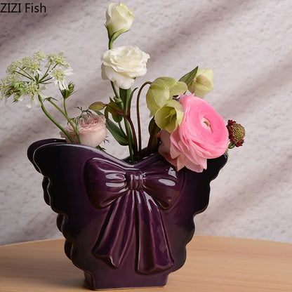 DecorBites™ Dark Butterfly Ceramic Vase for Table Decoration and Floral Arrangement