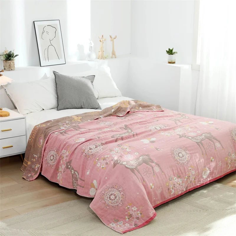 DecorBites™ Boho Printed Cotton Blanket - Green Muslin Large Soft Bed Throw Cover