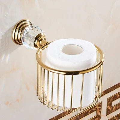 DecorBites™ Brass and Crystal Bathroom Accessories Set: Shelf, Robe Hook, Paper Holder, Brush Holder