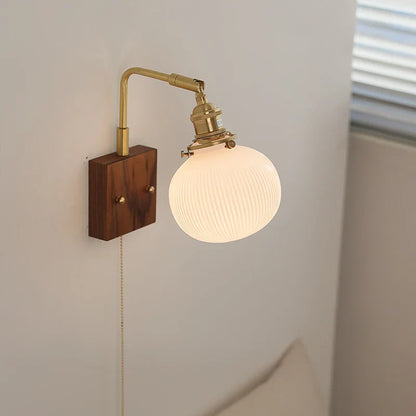 DecorBites™ Globe Ceramic LED Wall Lights Walnut Wood Sconce Rotatable Bedside Lamp