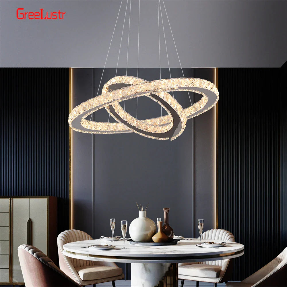 DecorBites™ Crystal Chrome LED Pendant Light Rings Chandelier for Living Room Bedroom