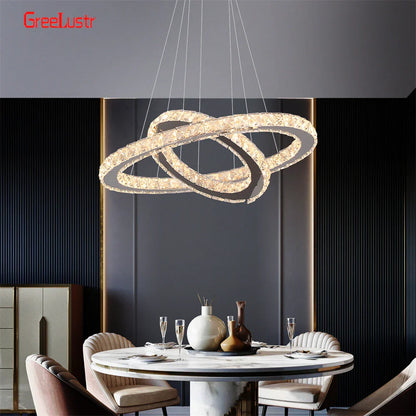 DecorBites™ Crystal Chrome LED Pendant Light Rings Chandelier for Living Room Bedroom