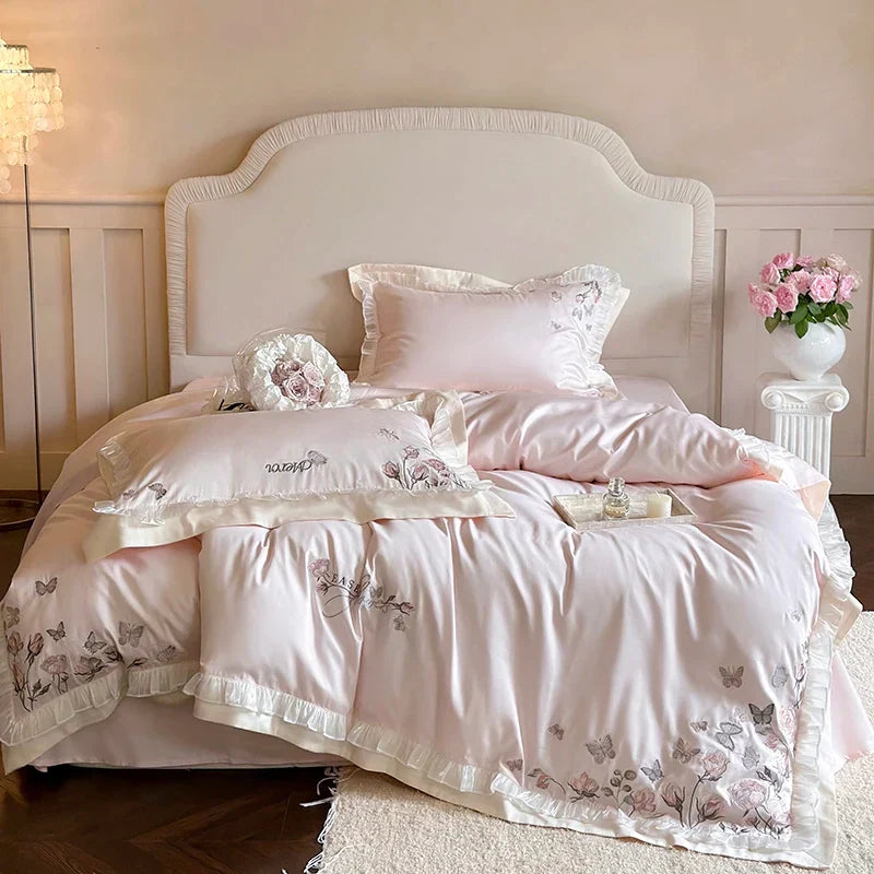 Decobites Pink Butterfly Flowers Embroidered Lace Bedding Set - 1000TC Egyptian Cotton