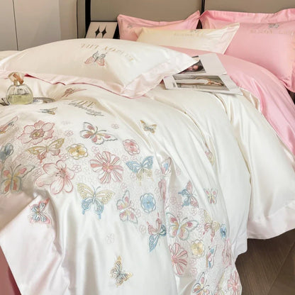 Decobites Luxury Butterfly Flowers Embroidery White/Pink Bedding Set