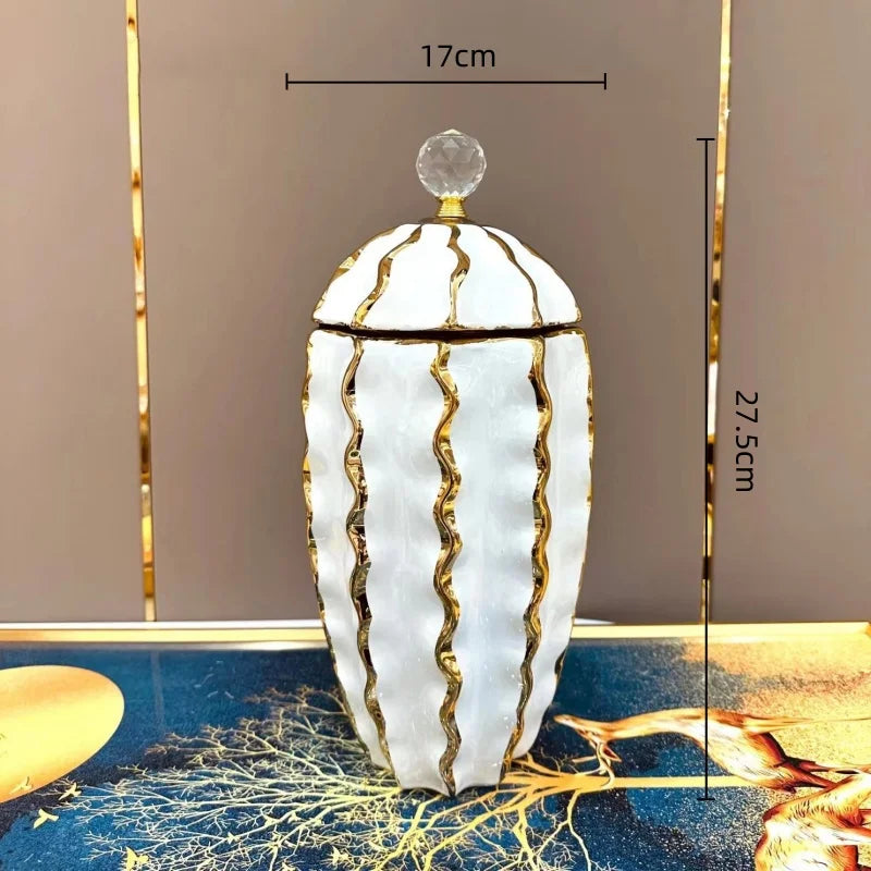 DecorBites™ Golden Checkmate Ceramic Pot Vase Wavy Gilt Storage Tank