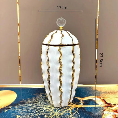 DecorBites™ Golden Checkmate Ceramic Pot Vase Wavy Gilt Storage Tank