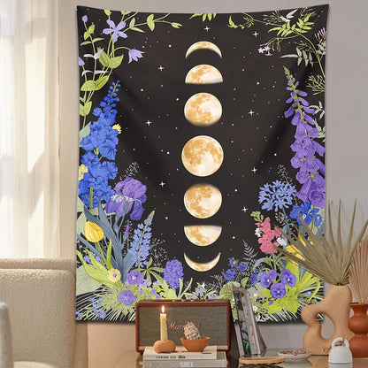 Decobites Moon Phase Purple Plant Star Floral Wall Tapestry