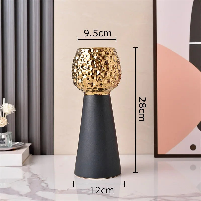 Jarrón de cerámica con patrón de martillo dorado Decorbites™: Maceta creativa para decoración de mesa y arreglo floral