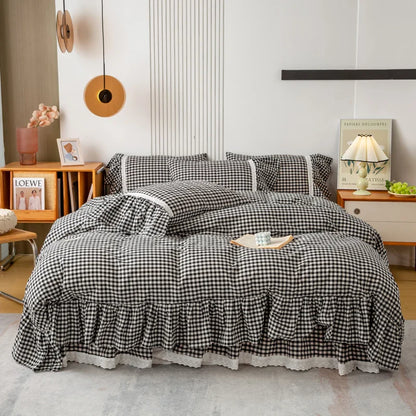 Decobites Cotton Plaid Stripe Ruffles Bedding Set with Lace Accents