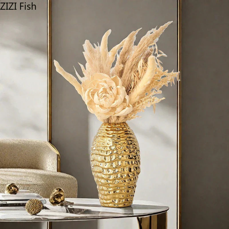 DecorBites™ Golden Wrinkle Ceramic Vase - Desk Decoration, Gold-plated Floral Pots for Aesthetic Room Decor