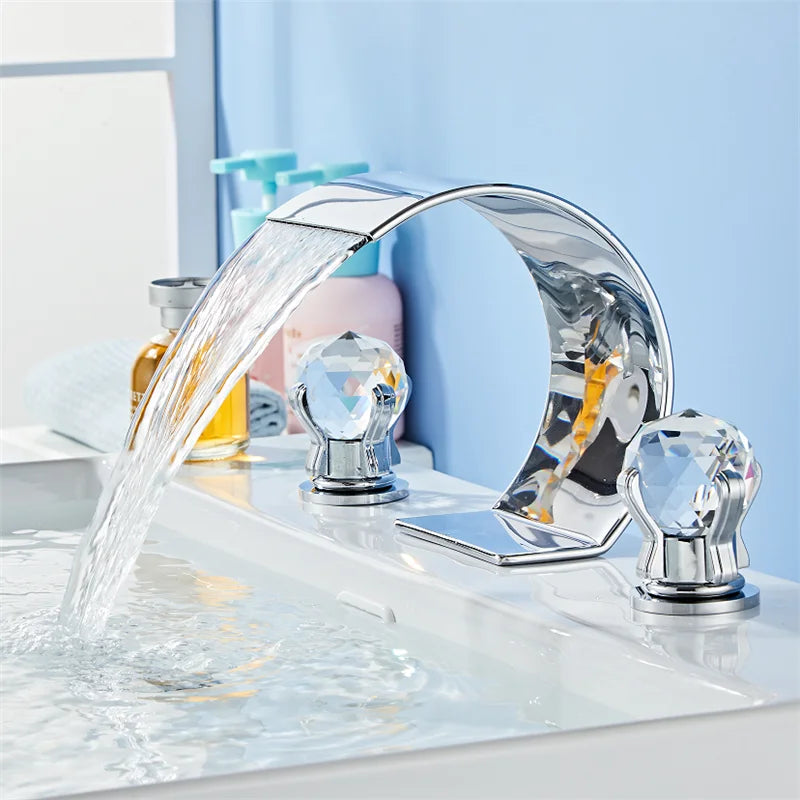 DecorBites™ Gold Crystal Handle Bathroom Faucet - Widespread Brass Sink Tap