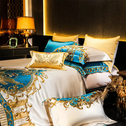 Decobites Embroidered Gold Blue Brocade Cotton Bedding Set with Duvet Cover, Sheets, Pillowcases