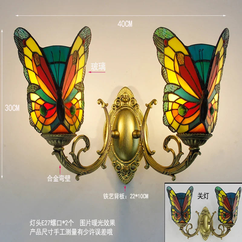 DecorBites™ Butterfly Glass Sconces LED Wall Lamps Tiffany Mediterranean Bedroom Lighting