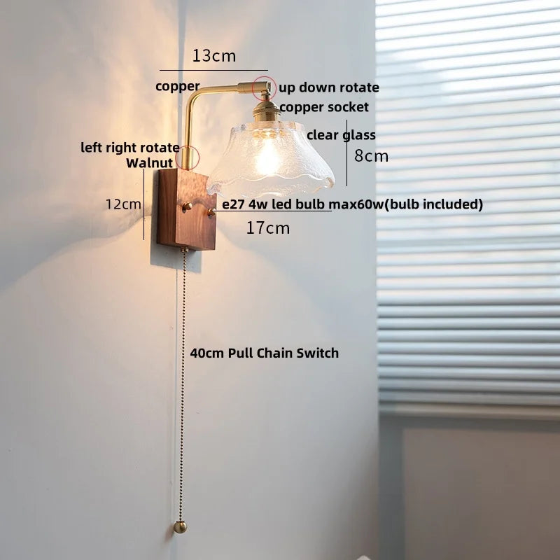 DecorBites™ Clear Glass LED Wall Light Walnut Bedside Lamp Modern Rotatable Brass Wall Lights