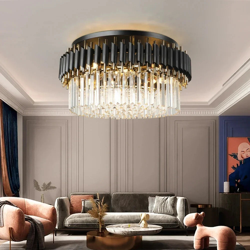 DecorBites™ Gold Black Crystal Ceiling Chandelier – Modern LED Round Kitchen Pendant Lamps