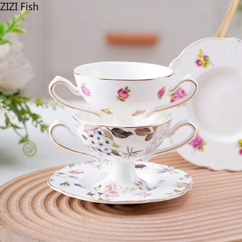 Decorbites™ Copa de Porcelana con Flor Dorada para Té, Café, Jugo o Mug