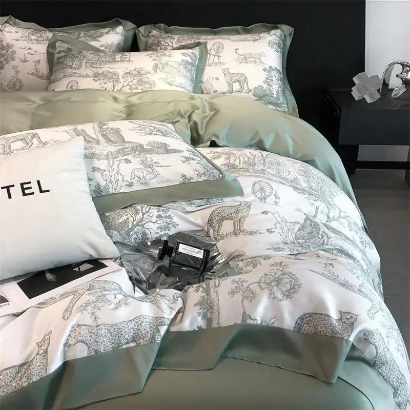 a sleek silver zipper on a eucalyptus fiber duvet cover with white fabric track set against sage green bedding