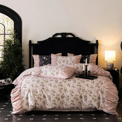 Decobites Vintage Rose Print Ruffles Bedding Set: 800TC Egyptian Cotton, Duvet Cover, Sheet, Pillowcases