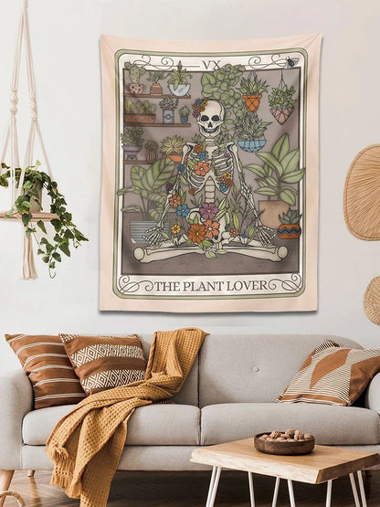 Decobites Plant Lover Tarot Card Tapestry | Botanical Skeleton Witch Wall Hanging