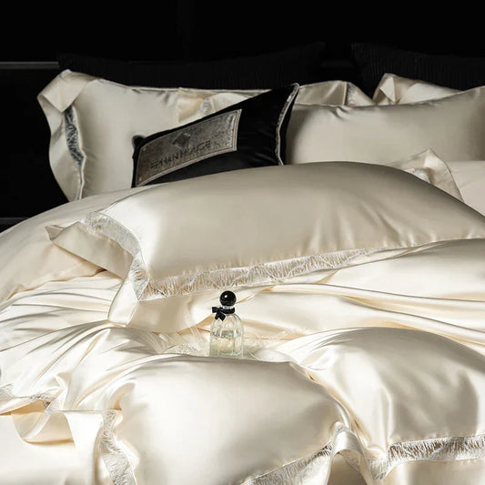 Decobites Luxe Brocade & Egyptian Cotton Bedding Set with Hollow Lace Edge