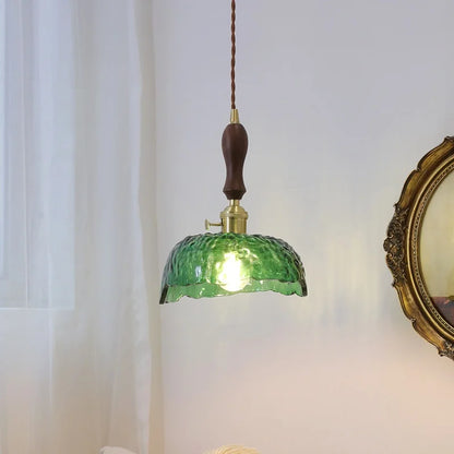 DecorBites™ Green Glass LED Pendant Lamp with Knob Switch, Copper Chandelier