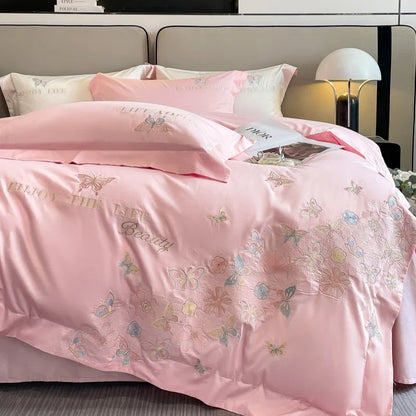 Decobites Luxury Butterfly Flowers Embroidery White/Pink Bedding Set