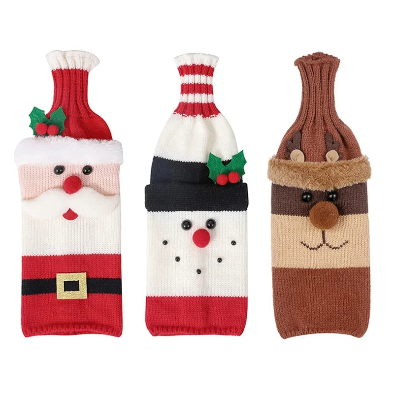 Christmas Santa Knitted Wine Bottle Case Elk Snowman Red Wine Champagne Bottle Cloth 2024 Merry Christmas Decor Happy New Year