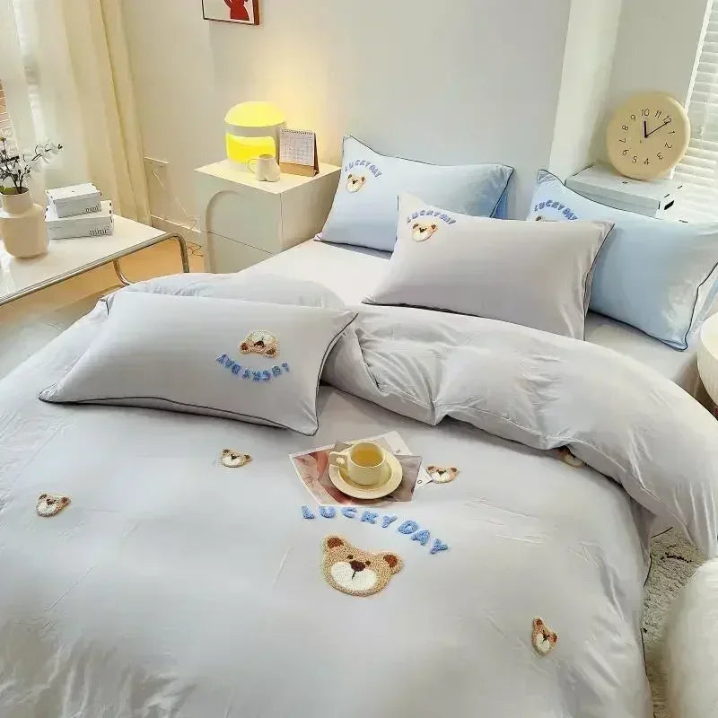 Decobites Cute Bear & Sheep Embroidery Bedding Set for Single/Double Bed