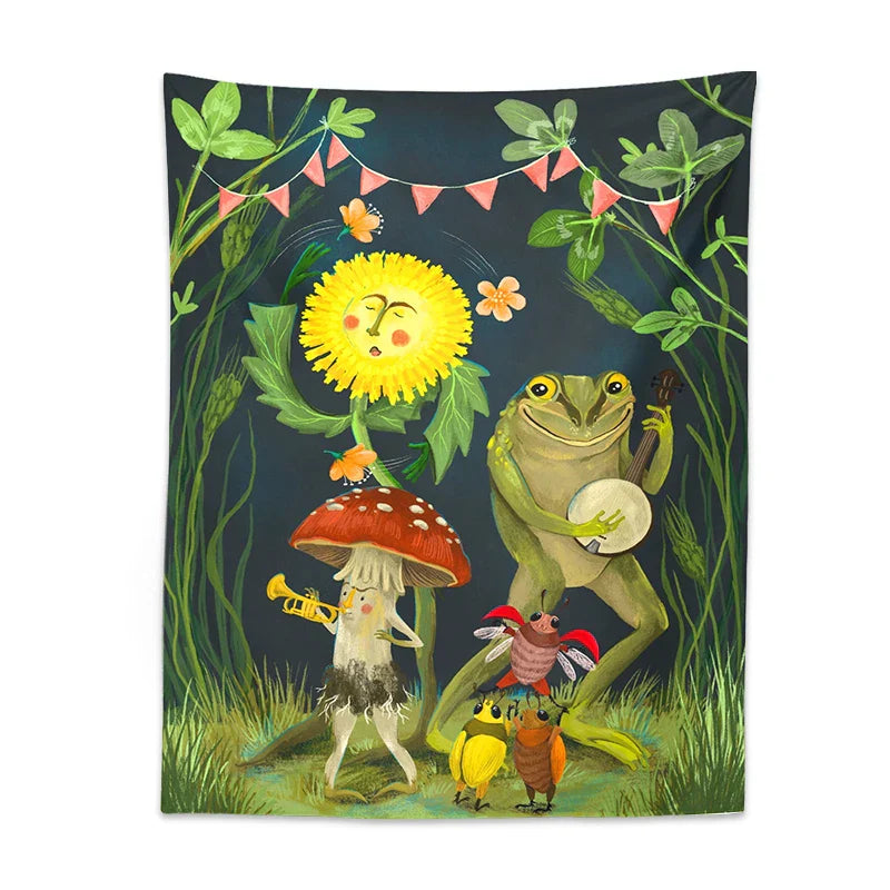 Frog Mushroom Tapestry Wall Hanging by Decobites: Psychedelic Forest Animals Gathering Art Home Decor