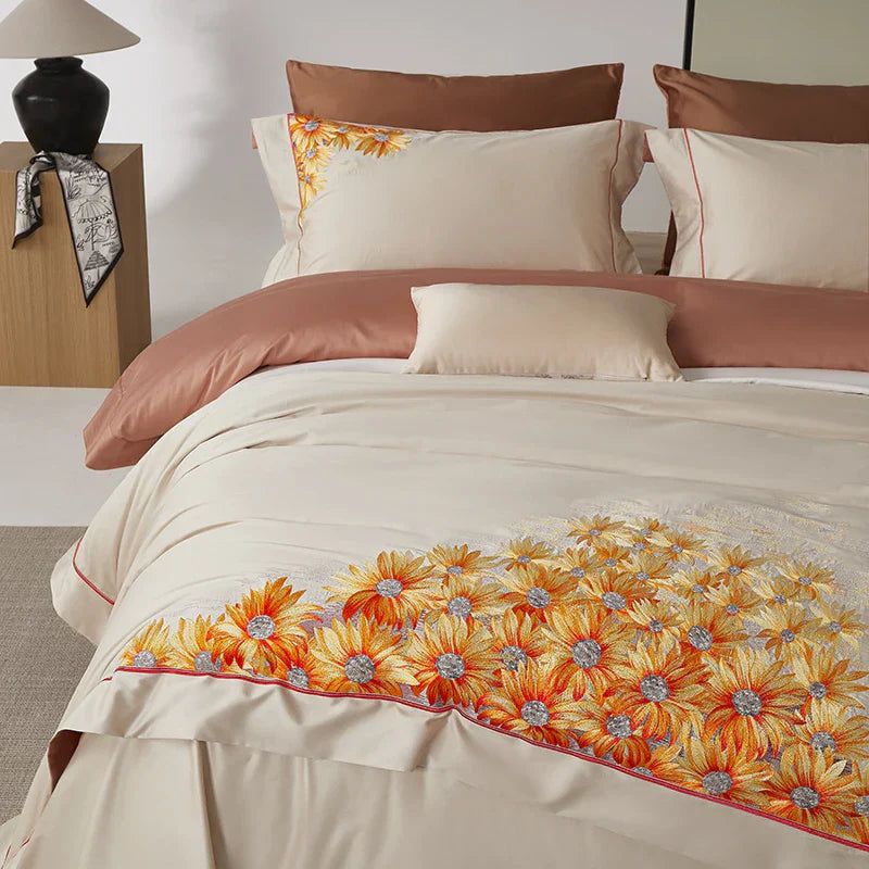 Decobites Sunflower Embroidery Bedding Set - Duvet Cover, Bed Sheet, Pillowcases Home Textiles