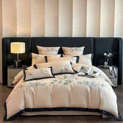 Luxury Flowers Embroidery Black Cotton Bedding Set by Decobites - 4Pcs