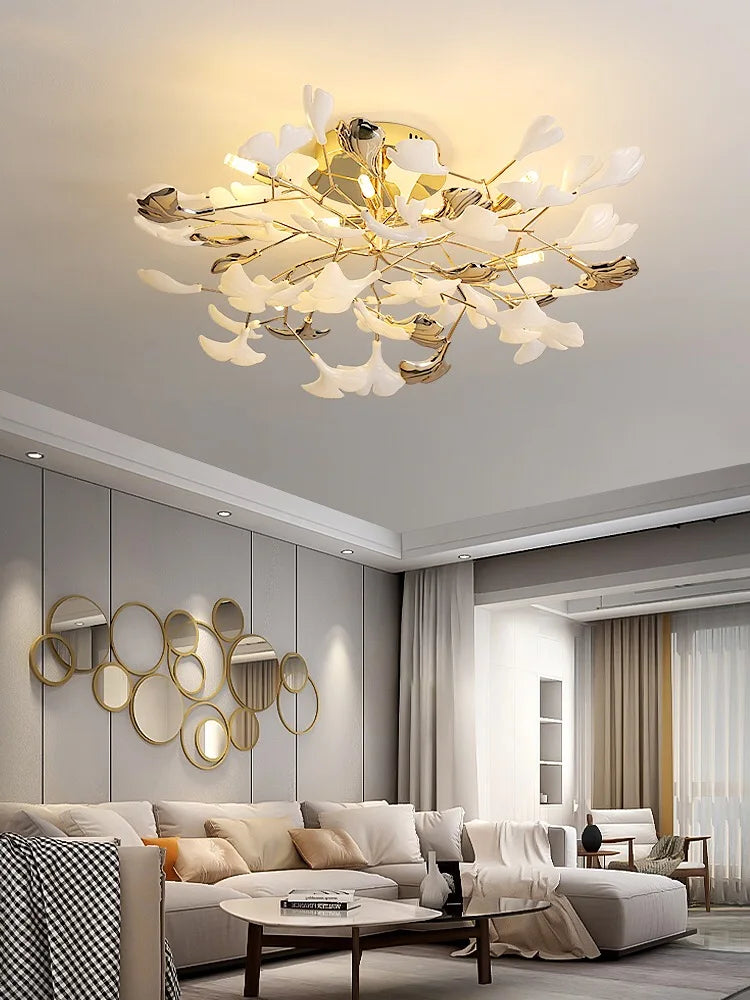 Lámpara colgante de ramas doradas Decorbites™ con hojas de porcelana - Decoración de lujo para sala de estar