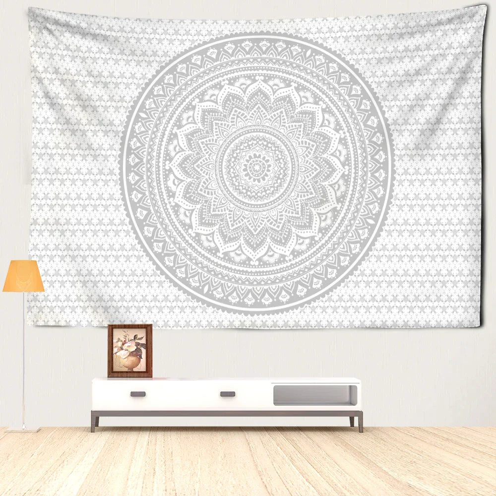 Tapiz de pared DecorBites™ Mandala gris, arte psicodélico hippie para una decoración estética del hogar.