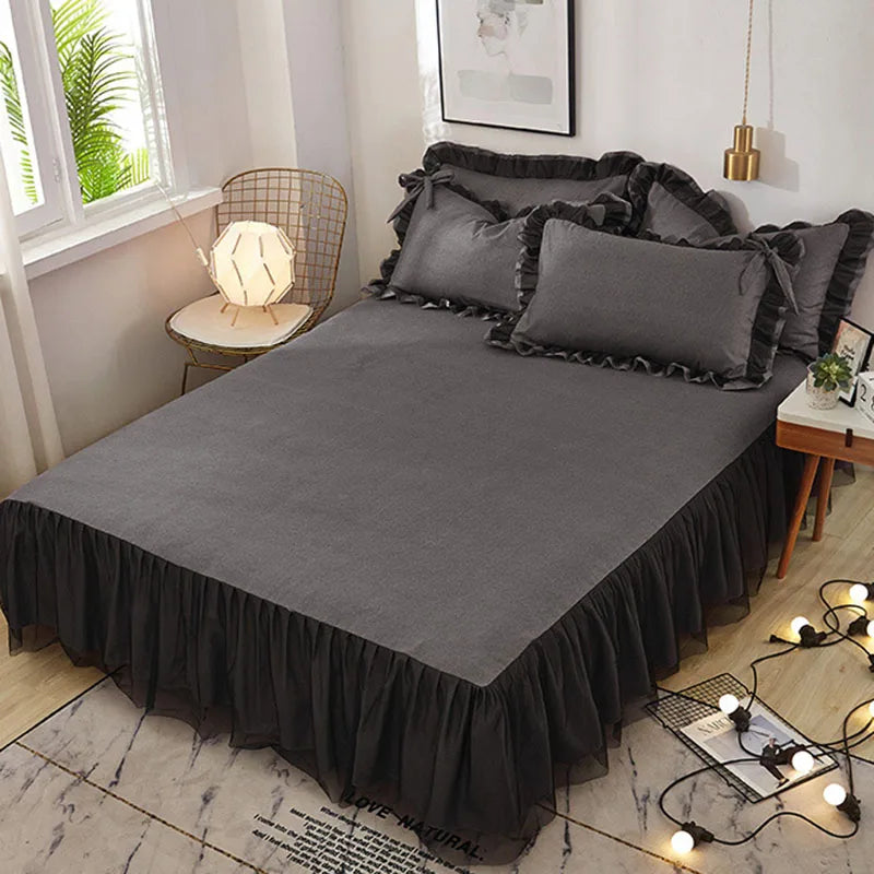DecorBites™ Korean Bed Skirt Set with Ruffled Edges - Solid, Skin-Friendly Bedding Kit