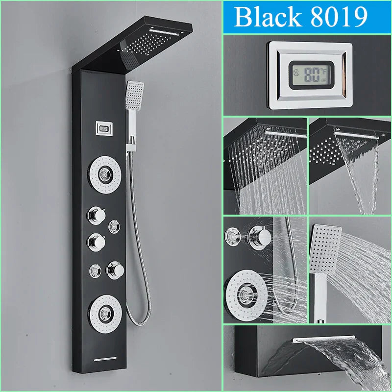 صنبور دش أسود مثبت على الحائط من DecorBites™ مع شلال مطري وخلاط ساخن وبارد