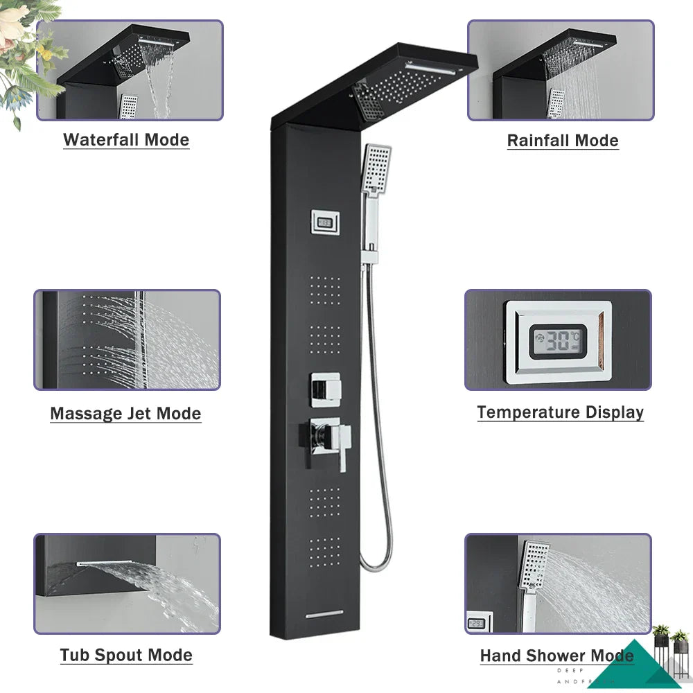 DecorBites™ Black Massage Jet Rainfall Shower Panel with Temperature Display 5 Modes