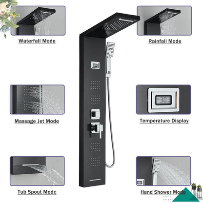 DecorBites™ Black Massage Jet Rainfall Shower Panel with Temperature Display 5 Modes