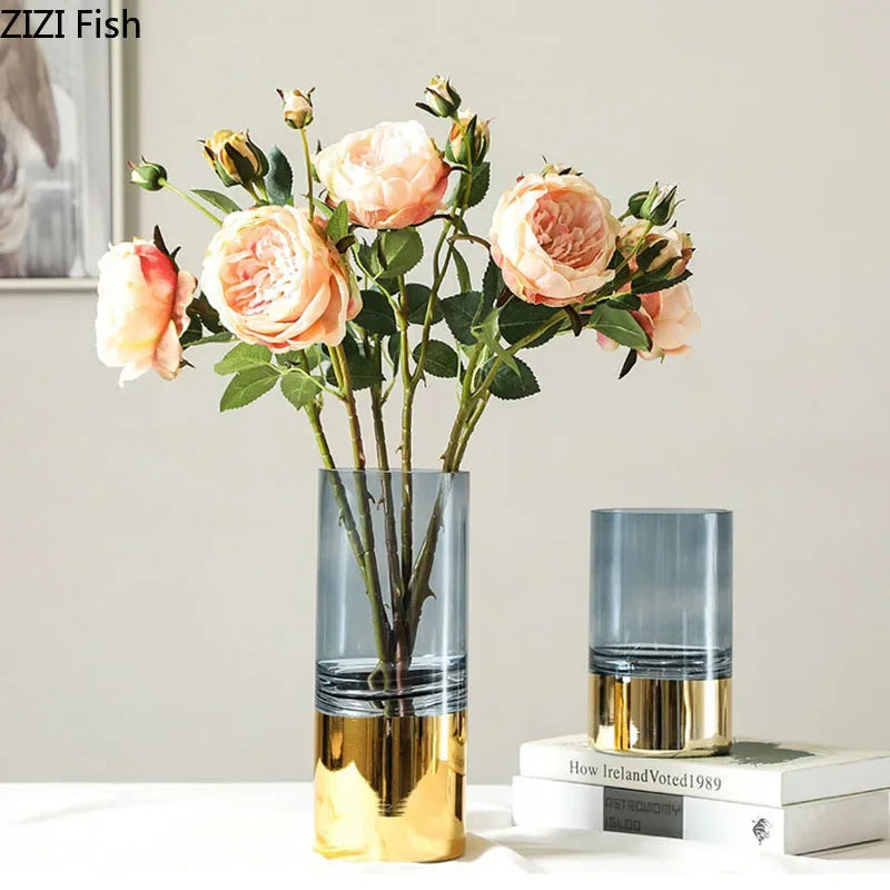 DecorBites™ Gold Glass Vase Clear Desk Decor Hydroponic Floral Arrangement Bud Flower Pot