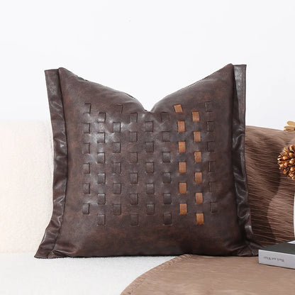DecorBites™ Brighton Cross Stitch Faux Leather Cushion Cover 45x45cm Brown