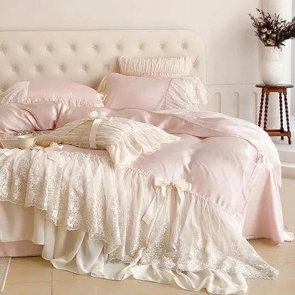 Decobites Pink Lace Ruffles Princess Wedding Bedding Set with Lyocell Eucalyptus Fiber